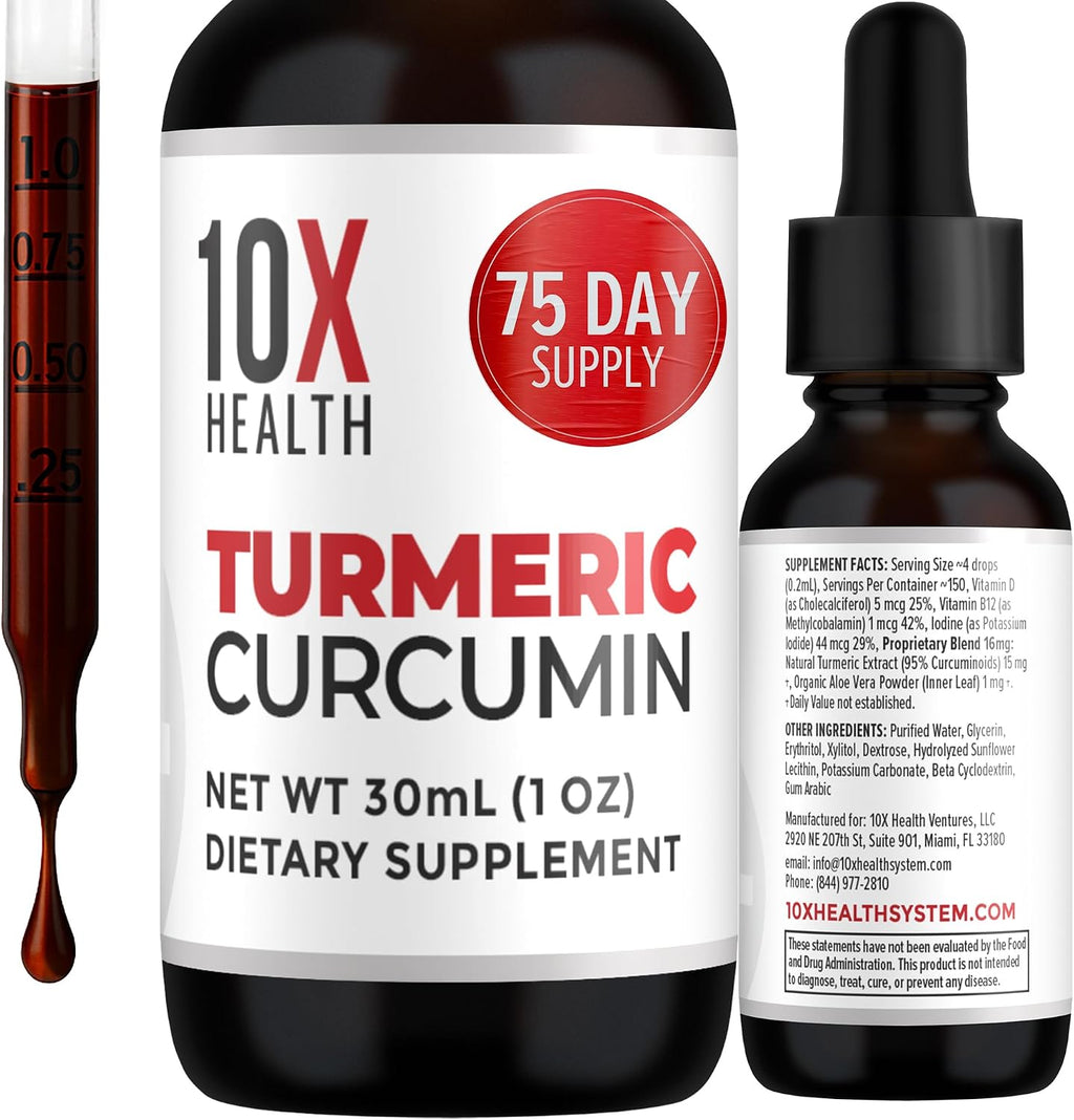 10X Health Turmeric Curcumin Supplement - with D3 & B12 | Curcumin: with Vitamin D3 & B12, Joint, Immunity & Heart Support, 30mL