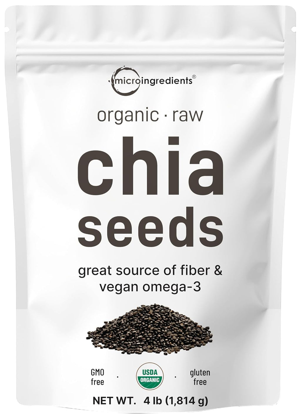 Micro Ingredients Organic Chia Seeds, 4lbs | Contains Omega-3s | Non-GMO | Excellent Source of Fiber | Plant Based Protein | Raw Chia Seed Source | Great for Baking, Smoothies & Pudding | Gluten Free
