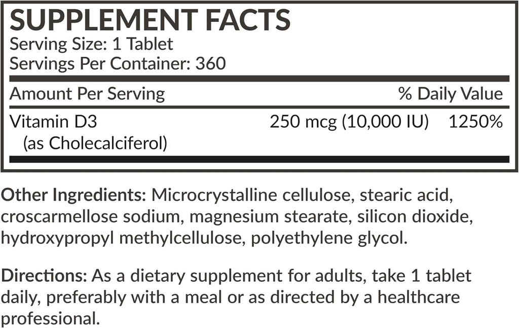 Futurebiotics Vitamin D3 10,000iu (250mcg) 360 Day Supply for Healthy Muscle Function and Immune Support, Non-GMO, 360 Tablets