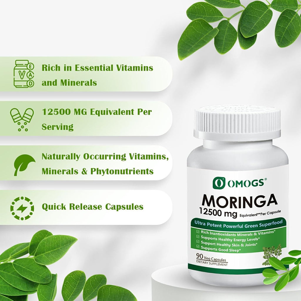 OMOGS Moringa Capsules, Pure Moringa Oleifera Leaf Powder Supplement, Rich Inantioxidants Minerals & Vitamins, for Energy, Metabolism, Immunity & Sleep, Non-GMO, 90 Veg Capsules