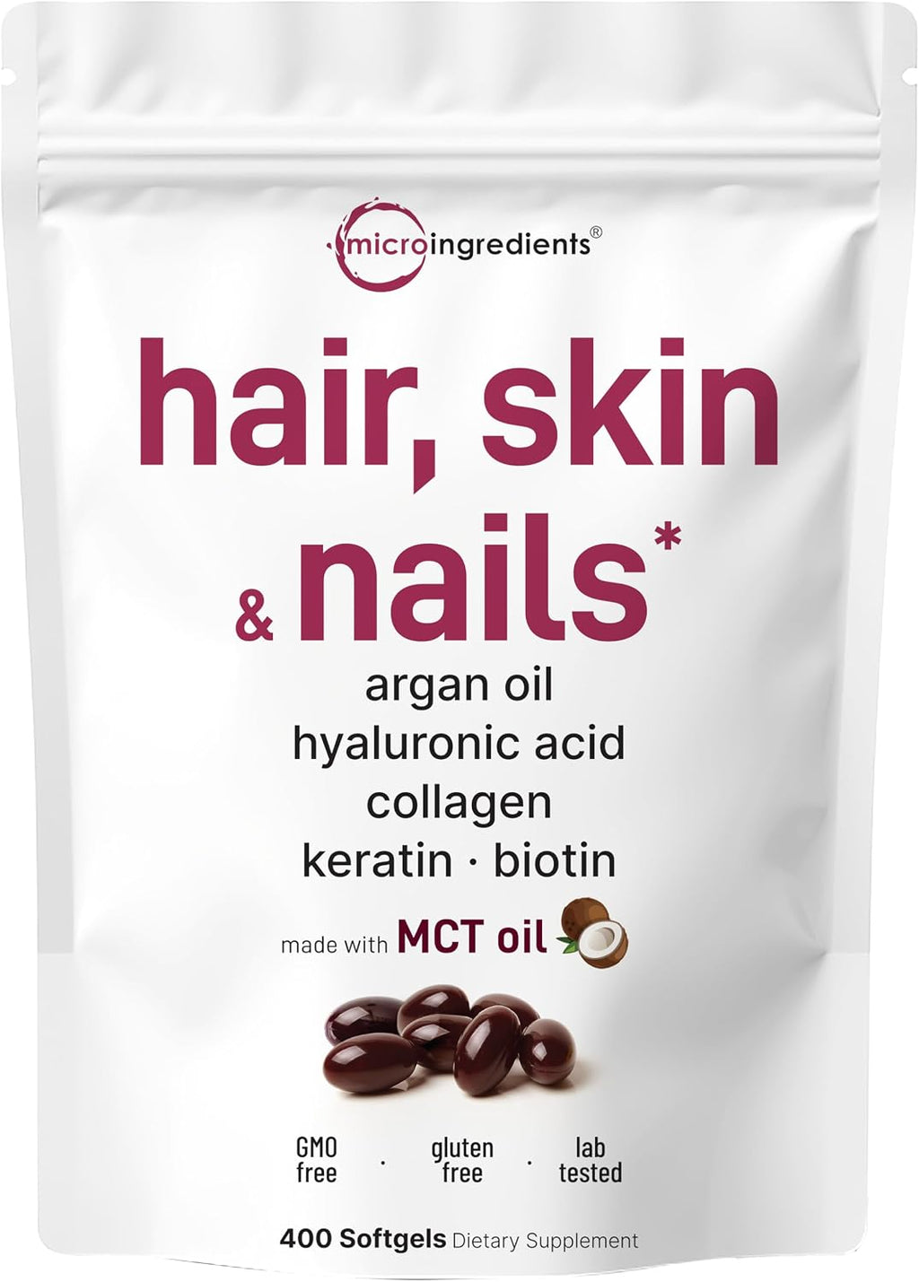 Hair Skin and Nails Vitamins for Women & Men | 400 Softgels with MCT Oil | 21-in-1 Argan Oil, Hyaluronic Acid, Collagen, Keratin & Biotin Supplement | 133-Day Supply | Non-GMO, Gluten Free