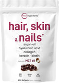 Hair Skin and Nails Vitamins for Women & Men | 400 Softgels with MCT Oil | 21-in-1 Argan Oil, Hyaluronic Acid, Collagen, Keratin & Biotin Supplement | 133-Day Supply | Non-GMO, Gluten Free