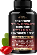 Berberine with Ceylon Cinnamon | Bitter Melon (Karela) | Apple Cider Vinegar | Hawthorn Berry | Citrus Bergamot | Turmeric - 15in1 Supplement for Heart Metabolism & Energy Support - Vegan, 60 Capsules