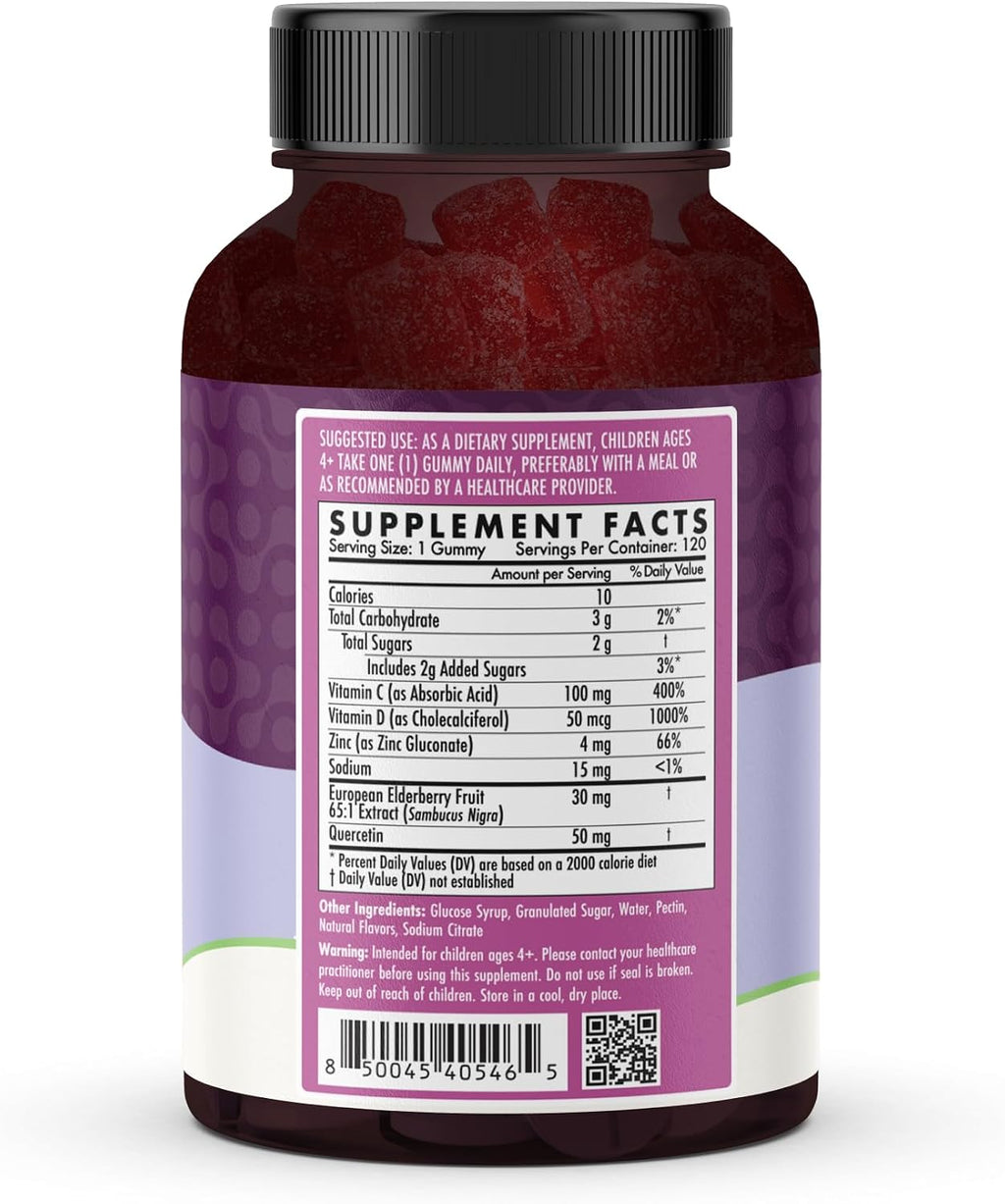 Kids Naturals Elderberry Gummies – Immune Support with Vitamin C & Zinc | 120ct (2 Month Supply)
