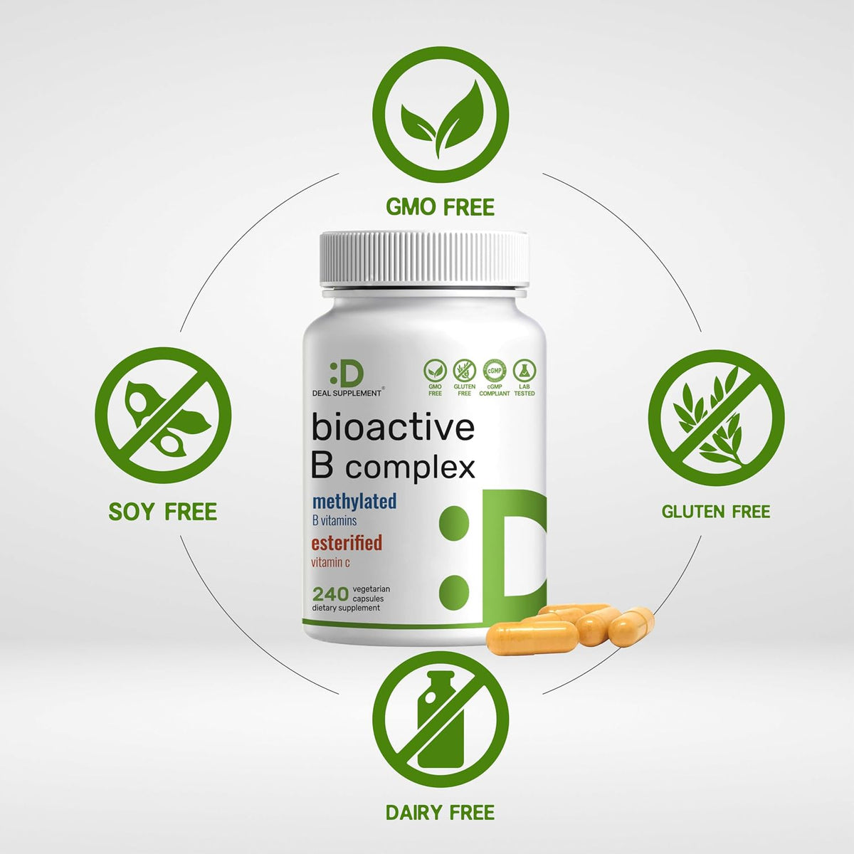 Bioactive Vitamin B Complex for Men & Women, 240 Veggie Capsules - Methylated B Complex & Esterified Vitamin C – High Potency & Easy Absorption – Immune, Energy & Metabolism Supplement – Non-GMO