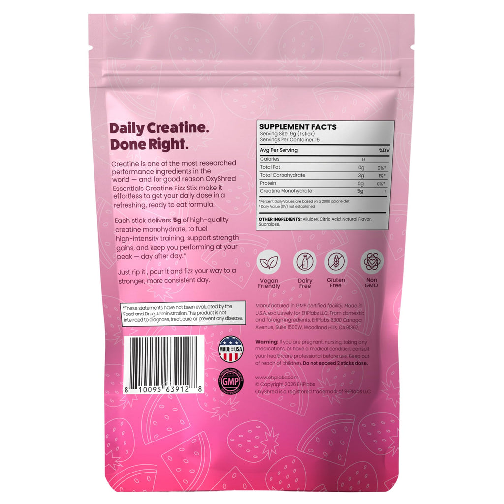 EHP Labs OxyShred Creatine Monohydrate Fizz Sticks, Cherry Slushie, 15 Pack | 5g Micronized Creatine Per Stick. No Water Needed, Zero Sugar, Vegan & Gluten Free. Single Serve On The Go.