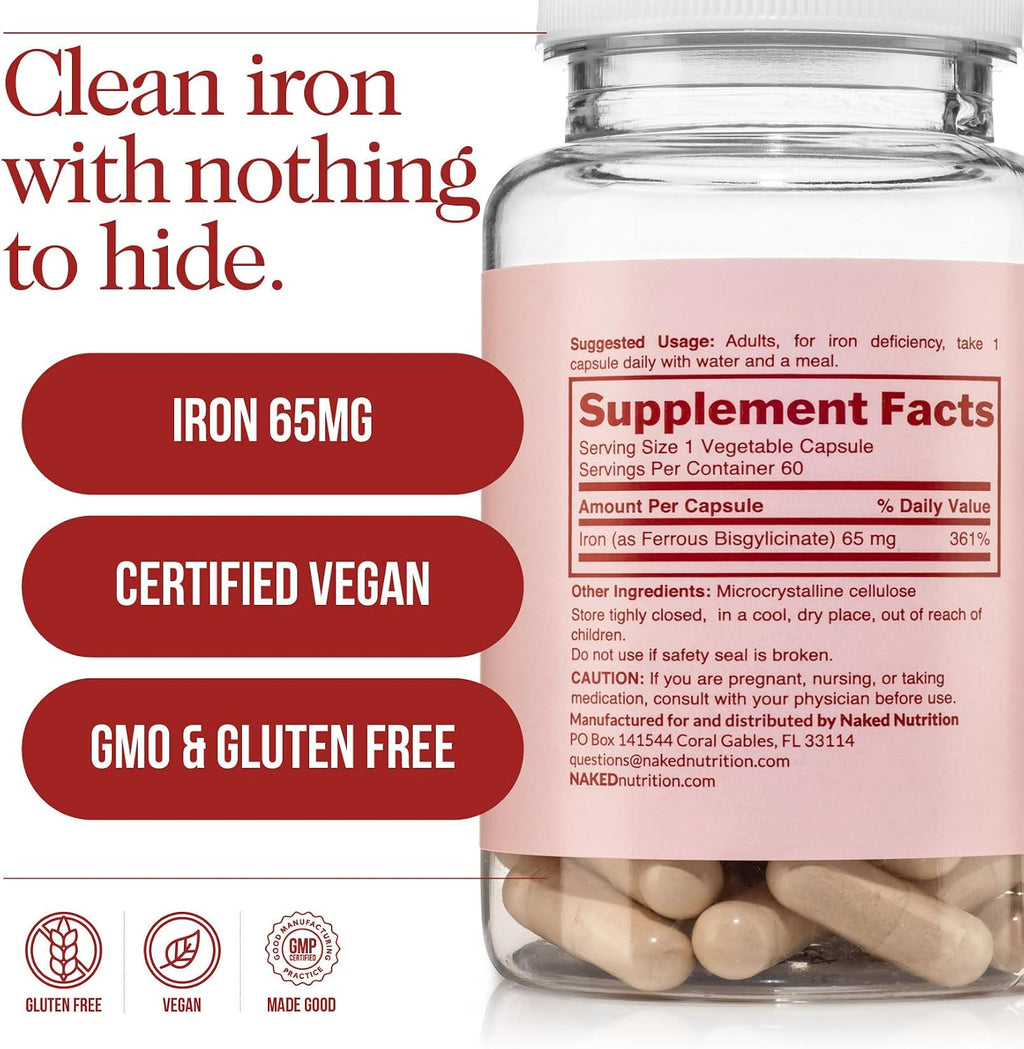 Naked Iron 65mg, 325mg Ferrous Bisglycinate - High Potency Iron Supplement for Iron Deficiency, Cellular Energy Support, Promotes Healthy Red Blood Cell Production, Non-GMO, Gluten-Free, 60 Capsules