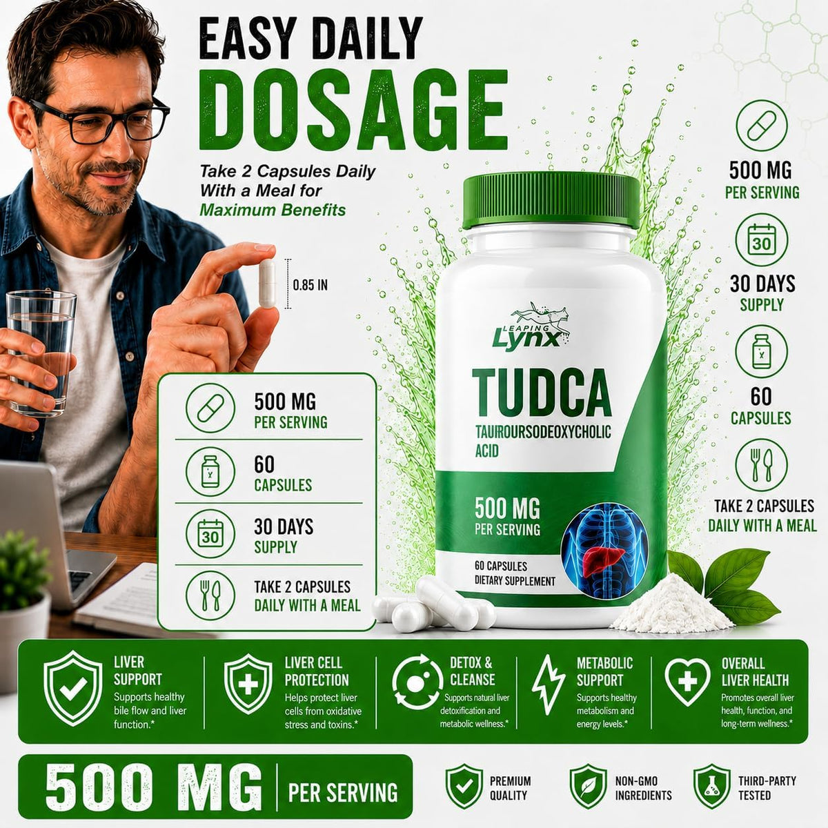 Leaping Lynx TUDCA 500mg – Tauroursodeoxycholic Acid Supplement – 60 Capsules – TUDCA Liver Support Supplement – Bile Acid Digestive Support – Non-GMO, ISO-Certified