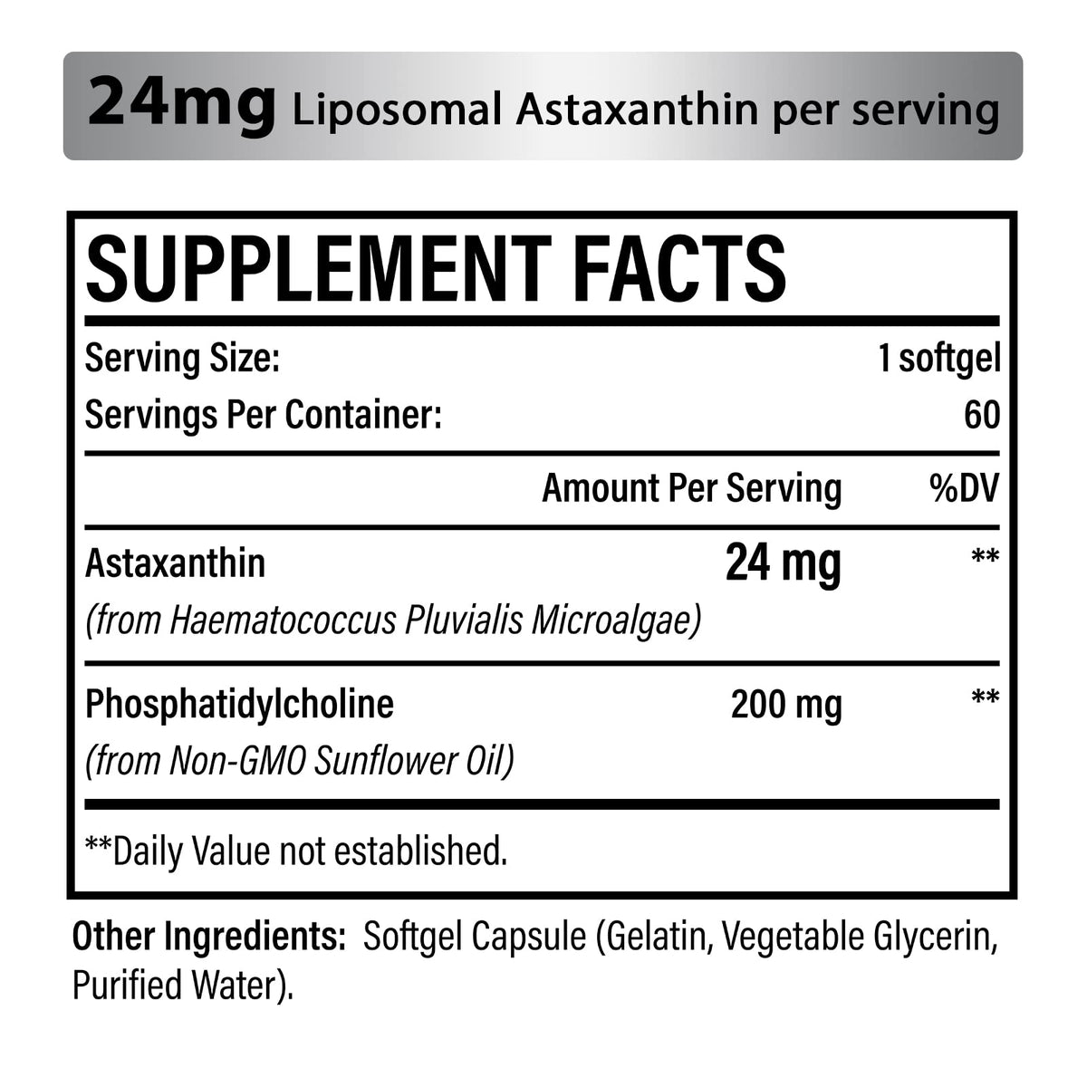 Liposomal Astaxanthin Supplement 24 MG, Maximum Absorption, Antioxidant Stronger Than VIT C, Non-GMO & Gluten Free - 60 Softgels(2 Months Supply)