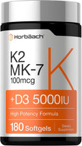 Horbäach Vitamin D3 K2 5000 iu | 100mcg MK-7 Complex | 180 Softgel Capsules | Non-GMO & Gluten Free Supplement