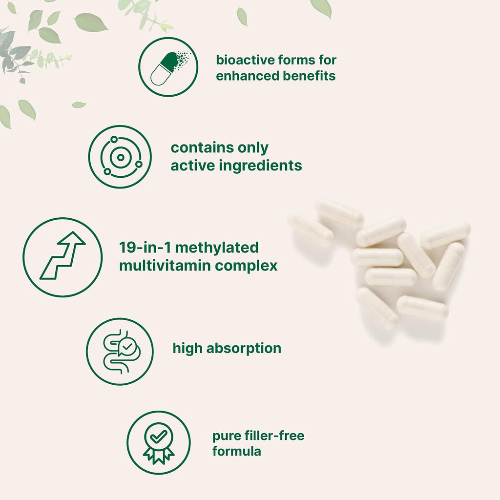 Micro Ingredients Pure Methylated Multivitamin Supplement, 240 Capsules | 19-in-1 Formula with Methylfolate, Methyl B12, Vitamins C, D, Magnesium & Zinc. For Women & Men. Iron Free, Filler Free.