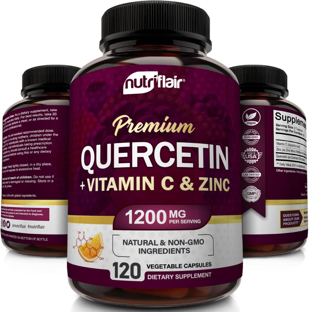NutriFlair Quercetin 1200mg with Vitamin C and Zinc, 120 Capsules - All-Natural Supplement, Gluten-Free, Soy-Free, Non-GMO, Easy-to-Swallow, 2-Month Supply