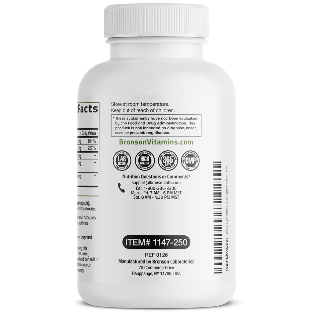 Bronson L-Lysine Defense Immune Support Complex, 1500 mg, 90 Capsules | Essential Amino Acid with Olive Leaf, Garlic, Vitamin C & Zinc, Vegetarian, Non-GMO, Gluten-Free & Soy-Free