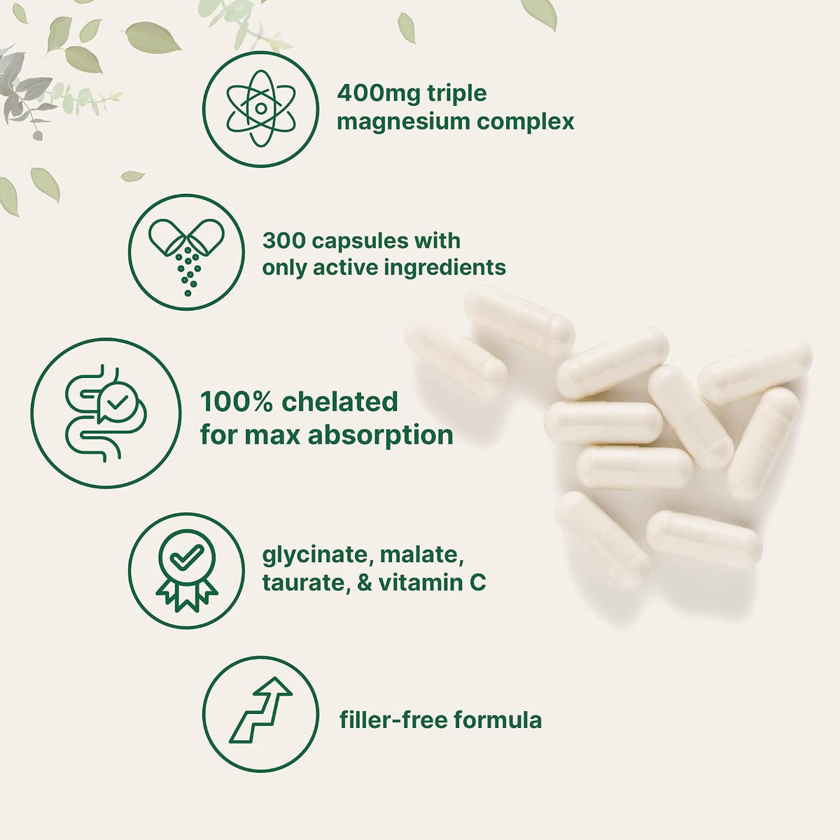 Micro Ingredients Pure Magnesium Complex, 300 Capsules | Triple Magnesium Glycinate, Malate, Taurate with Vitamin C | 100% Chelated | Supports Muscles, Nerves, & Energy | Only Active Ingredients