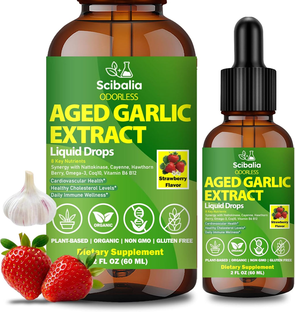 Aged Garlic Extract Liquid Drops, Odorless Garlic Supplement with CoQ10 Cayenne Hawthorn Berry Nattokinase Omega-3 Vitamin B6 & B12 for Heart Immune Health Support, Grown Allium Sativum Bulb