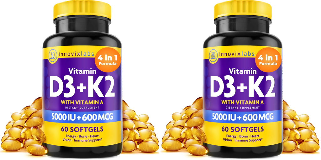 InnovixLabs Vitamin D3 K2-5000 IU Vitamin D3 Plus 600 mcg Vitamin K2 MK4 and MK7 for Max Calcium Absorption, Supports Bone, Immune, Heart Health, 3rd Party Tested, Gluten Free, 60 Softgels