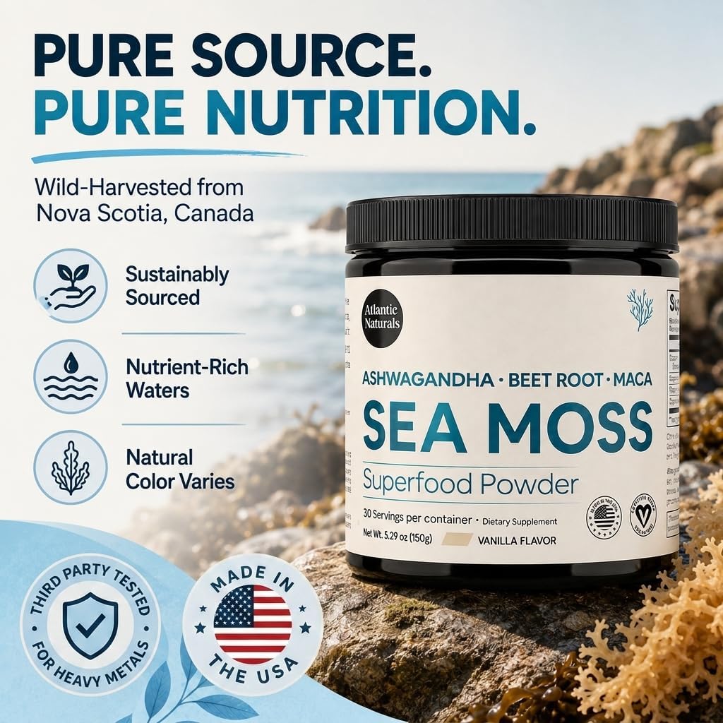 Atlantic Naturals Organic Sea Moss Powder with Beet Root Powder, Ashwagandha & Maca Root – Superfood Reds & Adaptogen Blend for Energy, Mood & Skin – Vanilla Flavor Drink Mix (150g)