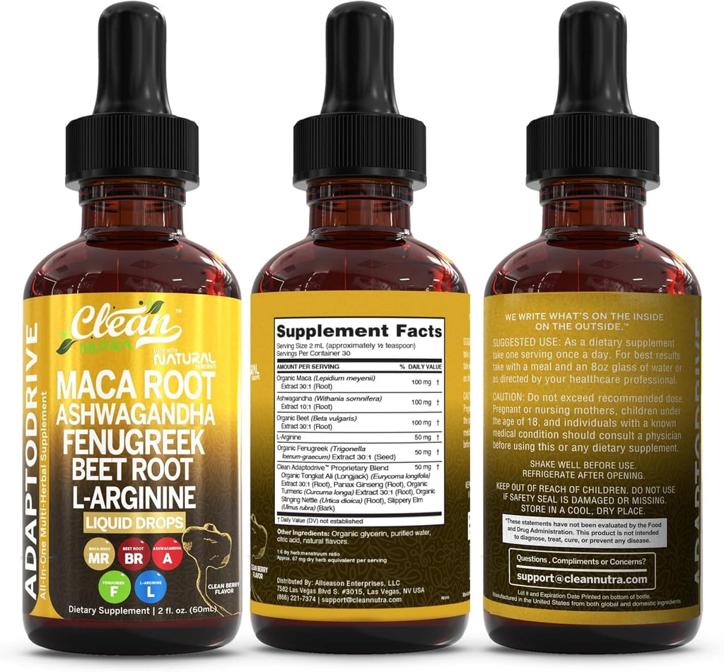 Clean Nutra Organic Maca Root Liquid Drops with Ashwagandha, Fenugreek, Beet Root and L-Arginine Liquid Multivitamin for Women and Men - Adapto Drive