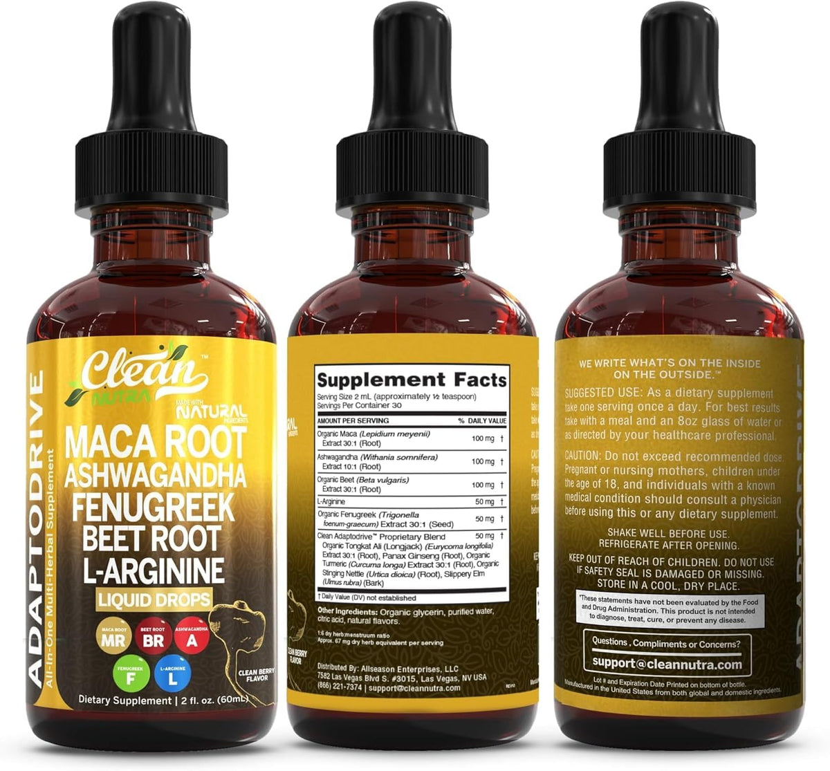 Clean Nutra Organic Maca Root Liquid Drops with Ashwagandha, Fenugreek, Beet Root and L-Arginine Liquid Multivitamin for Women and Men - Adapto Drive