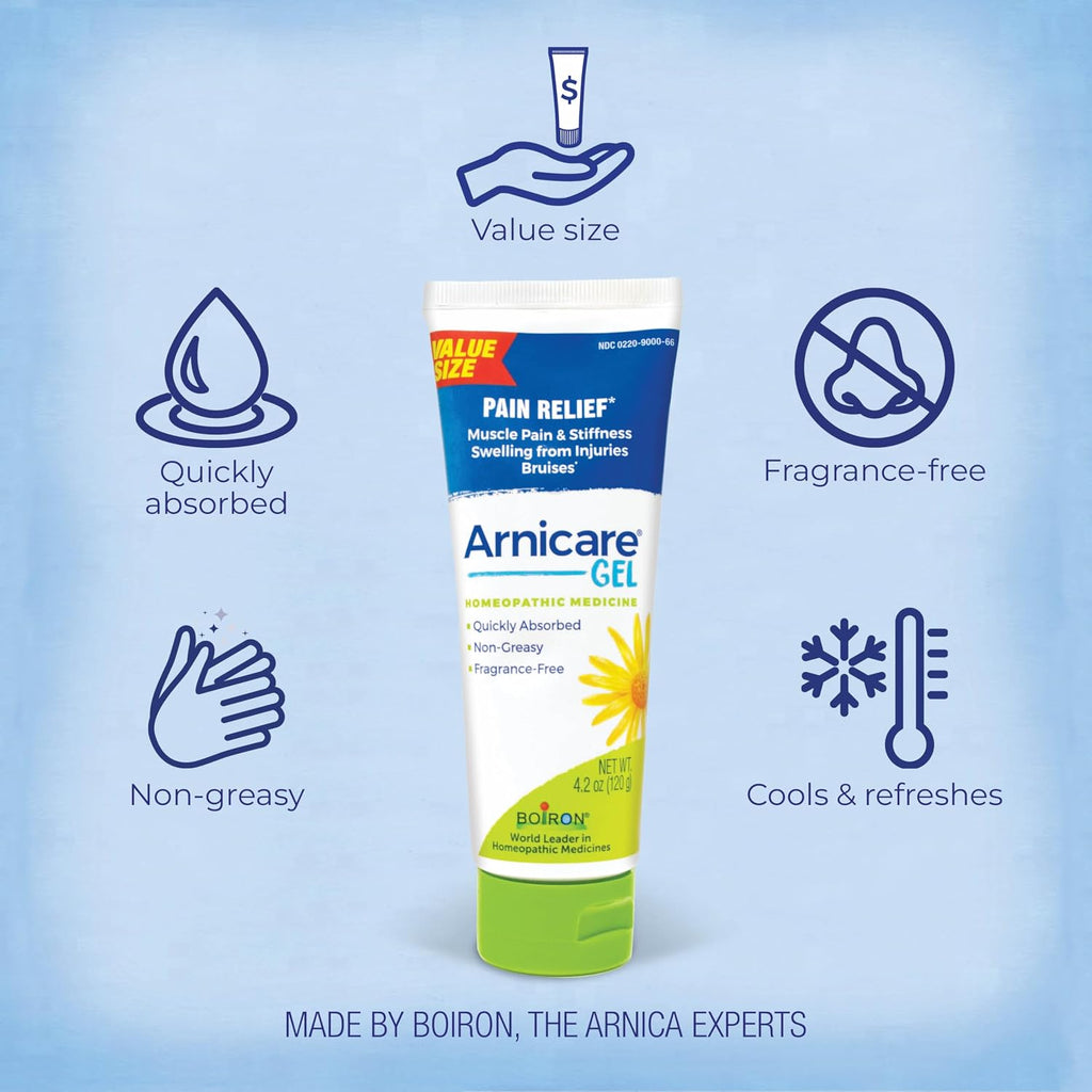 Boiron Arnicare Gel 4.2 oz (Twin Pack) for Joint Pain Relief, Muscle Pain, Muscle Soreness, and Swelling from Bruises or Injury - Non-Greasy and Fragrance-Free Arnica