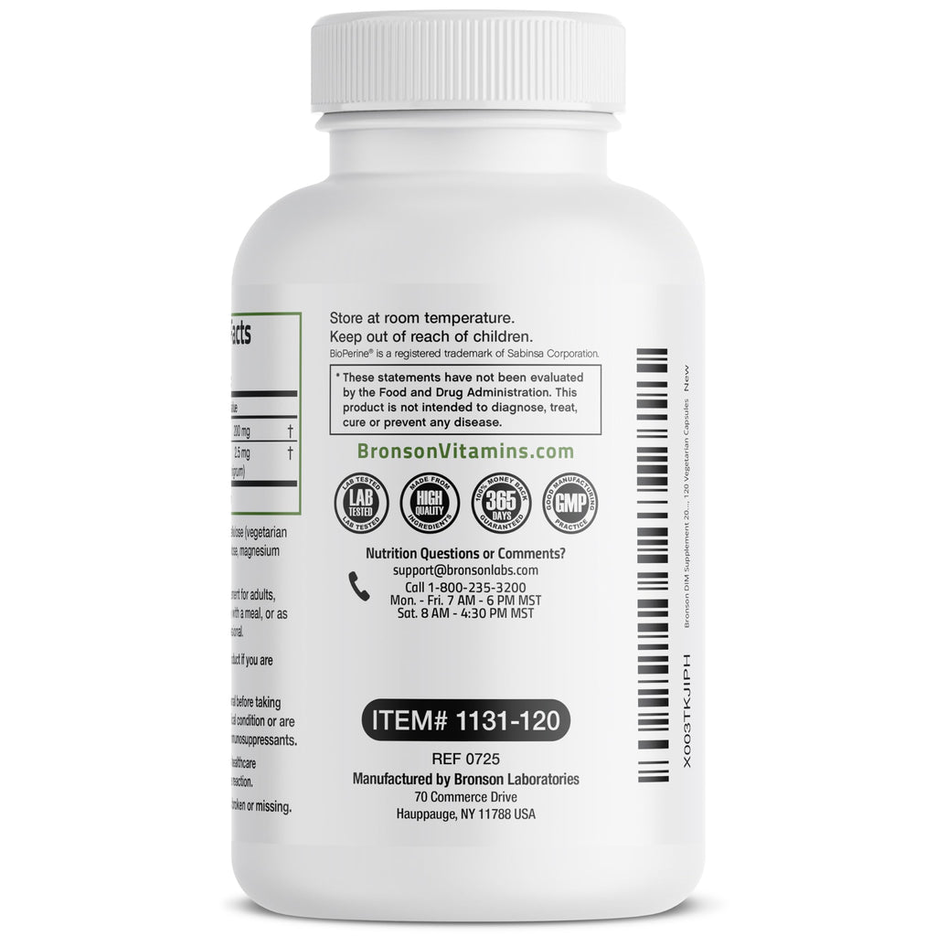Bronson DIM 200 MG Supplement Diindolymethane with BioPerine for Enhanced Absorption, Estrogen Metabolism & Maintains Balanced Hormone Levels, 60 Vegetarian Capsules