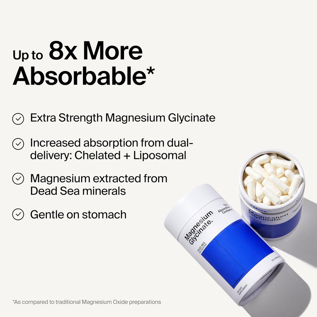 The Absorption Company Magnesium Glycinate 1000mg - 120 Liposomal Capsules | Liposomal Magnesium Bisglycinate, Max Absorption & Extra Strength for Relaxation, Non-Laxative, Vegan Calming Supplement