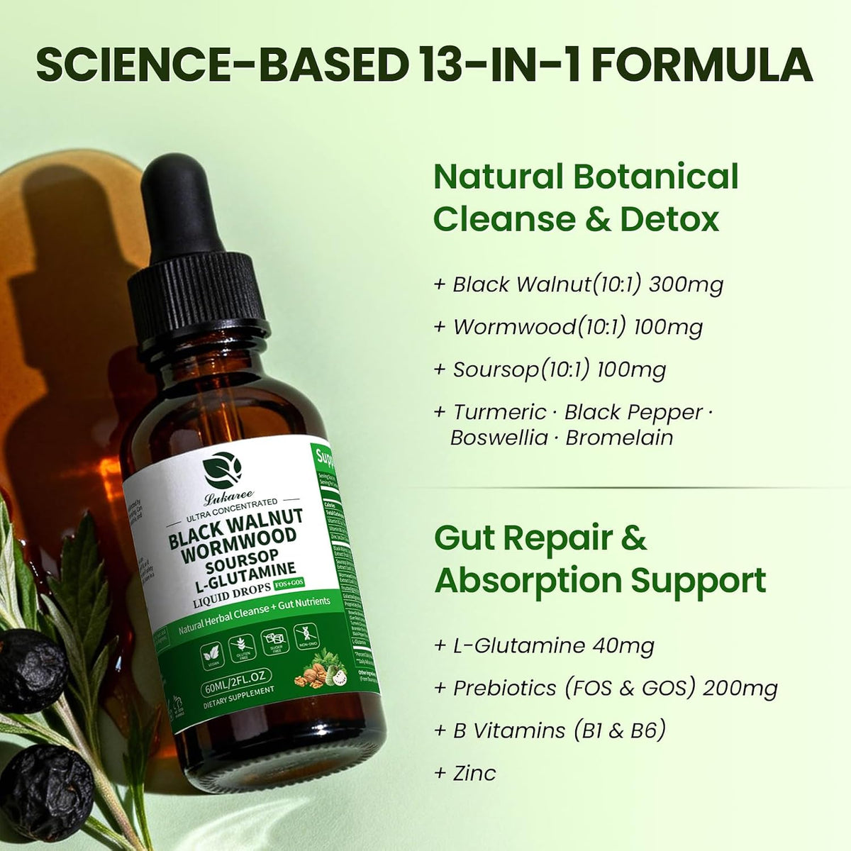 Wormwood Black Walnut Soursop Drops - Gut Health with L-Glutamine | Gentle Intestinal Cleanse & Digestive Health – with Prebiotics & Zinc for Mood Immune & Energy – Vegan Gluten-Free