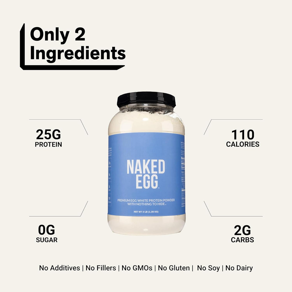Naked 3LB Non-GMO Egg White Protein Supplement Powder, Unflavored, No Additives, Paleo, Dairy Free, Gluten Free, Soy Free – 25g Protein, 44 Servings, 3 pounds