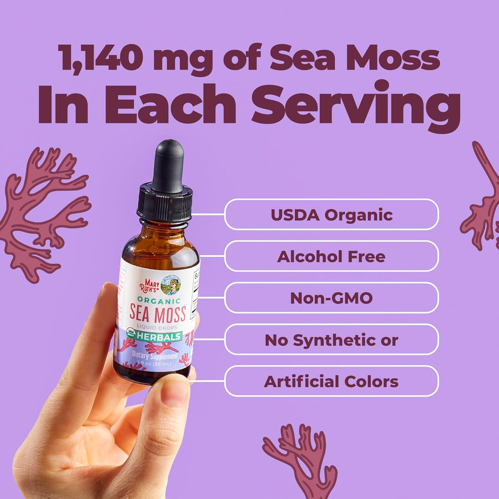 MARYRUTH'S Organic Irish Sea Moss Liquid Drops | Chondrus Crispus | Wild Harvested | Organic Irish Moss Formulated for Adults & Kids Ages 14+ | Unflavored | Sugar Free | Vegan | Non-GMO | 1 Fl Oz