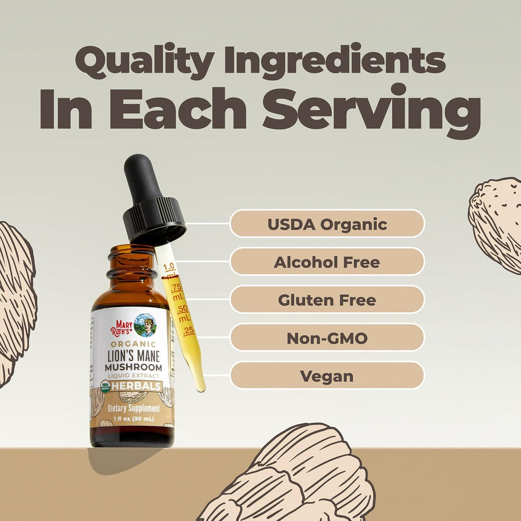 MARYRUTH'S Lions Mane Mushroom Supplement | Nootropic USDA Organic Lions Mane Extract 1,180mg | Nervine Herbal Liquid Drops | Brain Health | Focus & Memory | Non-GMO | Vegan | Alcohol Free | 1 Fl Oz