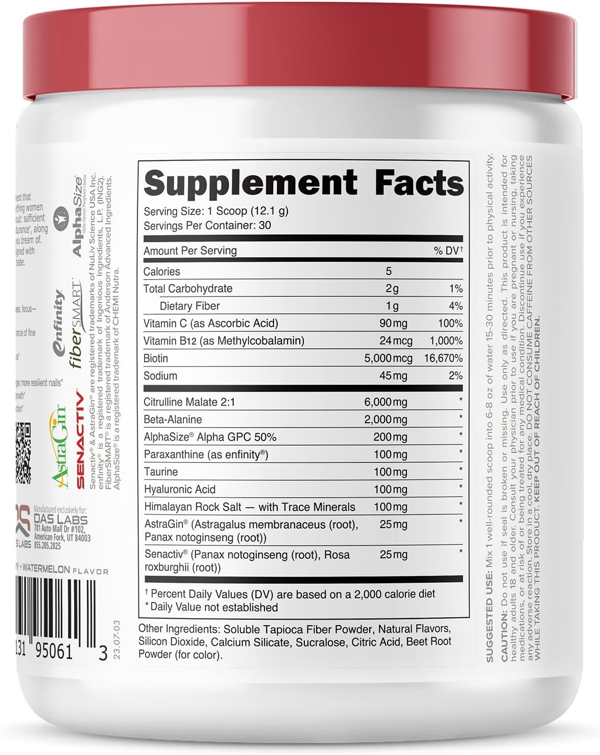 Babe Pre Workout powder for Women | Watermelon Splash | 6g Citrulline, 2g Beta-Alanine, 100mg Hyaluronic Acid, 5mg Biotin and 5 other registered trademarked ingredients | 30 servings | 12.8 OZ