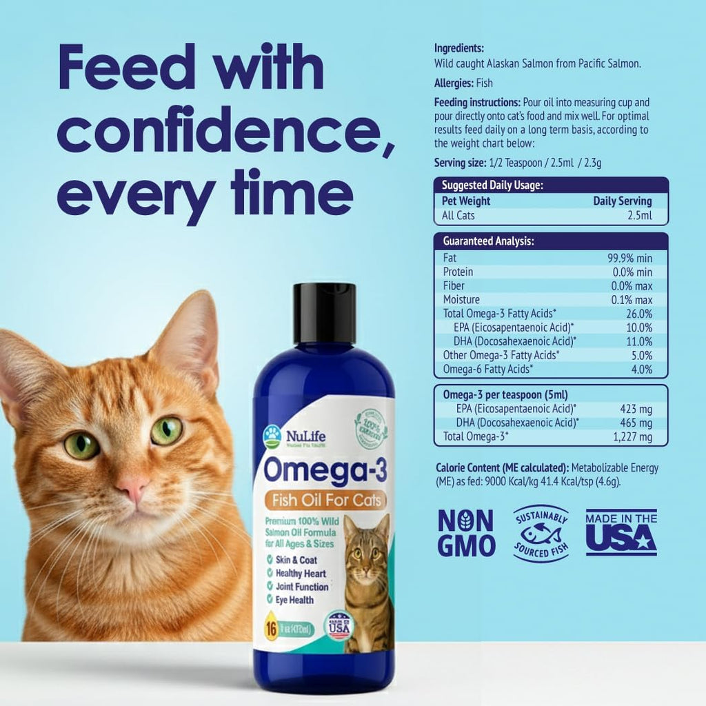 Premium Omega 3 Fish Oil for Cats - Wild Alaskan Salmon Oil Supplement for Skin and Coat - Liquid Cat Supplement for Shedding Control & Cat Dandruff