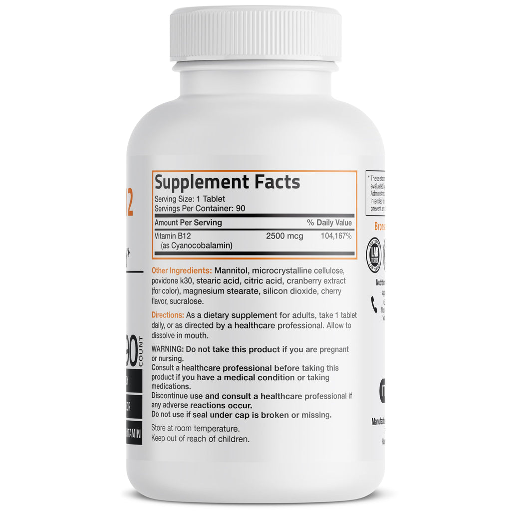 Vitamin B12 2500mcg Shot of Energy Fast Dissolve Chewable Tablets - Quick Release Cherry Flavored Sublingual B12 Vitamin - Supports Nervous System, Healthy Brain Function Energy Production – 90 Count