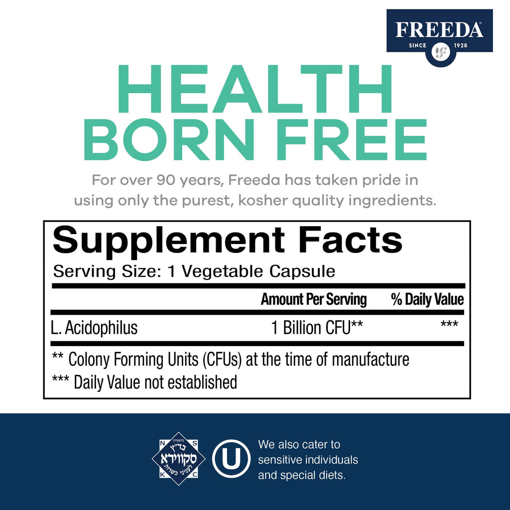 FREEDA Acidophilus Probiotic 1 Billion CFU for Digestive Support – 100ct | Immune Function & Digestive Health Support for Women & Men – Vegan, Kosher, Gluten-Free, & Made in USA