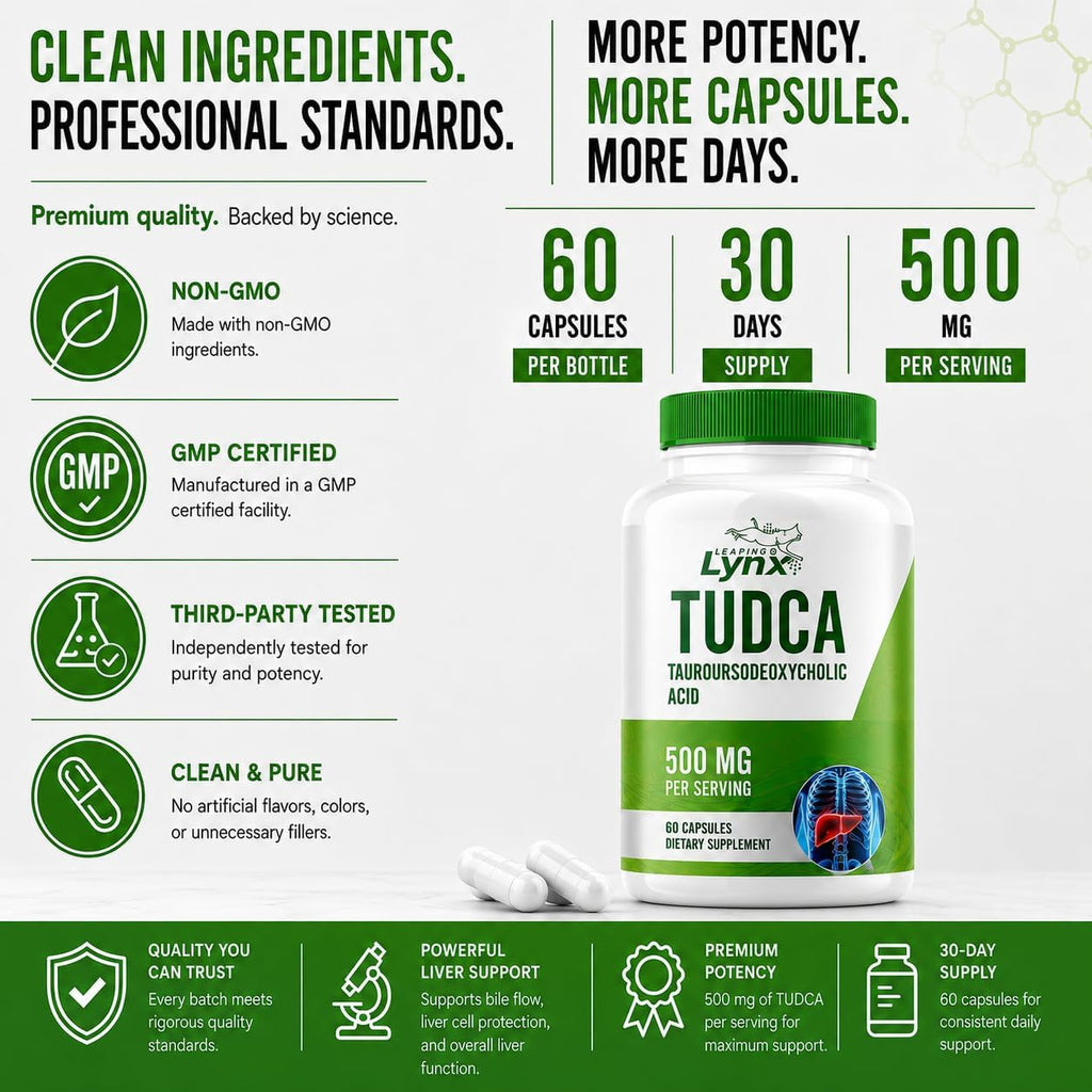 Leaping Lynx TUDCA 500mg – Tauroursodeoxycholic Acid Supplement – 60 Capsules – TUDCA Liver Support Supplement – Bile Acid Digestive Support – Non-GMO, ISO-Certified