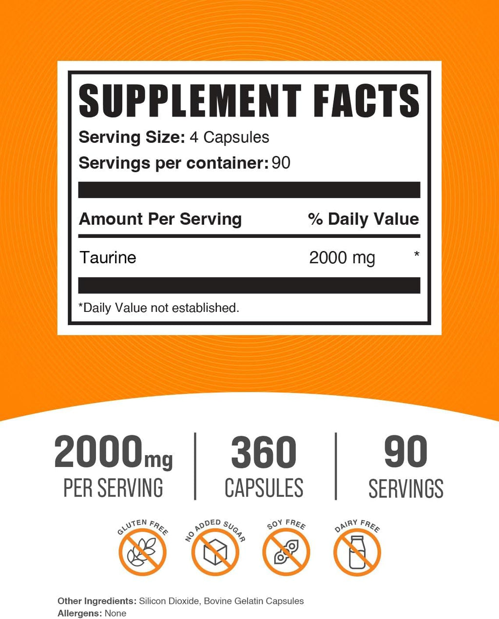 BulkSupplements.com Taurine Capsules - Taurine Supplement, Taurine 2000mg, Amino Acids for Heart Health, Taurine Pills - Gluten Free, 4 Taurine 500mg Capsules per Serving (2000mg), 360 Capsules