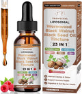 Black Walnut Wormwood Black Seed Oil Cleanse Tincture, 23-in-1 Gentle Gut Detox & Digestive Health Support with Clove, Pumpkin Seed, Oregano, Berberine - Liposomal, Raspberry Flavor, 2FL