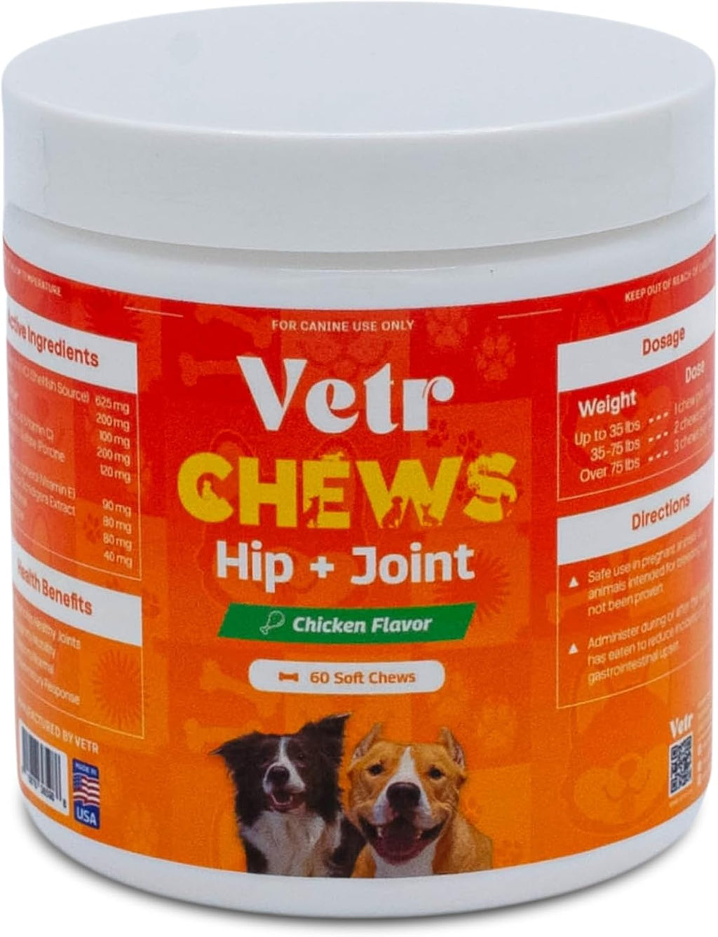 Vetr Hip and Joint Chicken Flavored Chews for Dogs - Glucosamine Chondroitin MSM Supplement - 60 Chewable Tablets - Vet-Formulated in USA