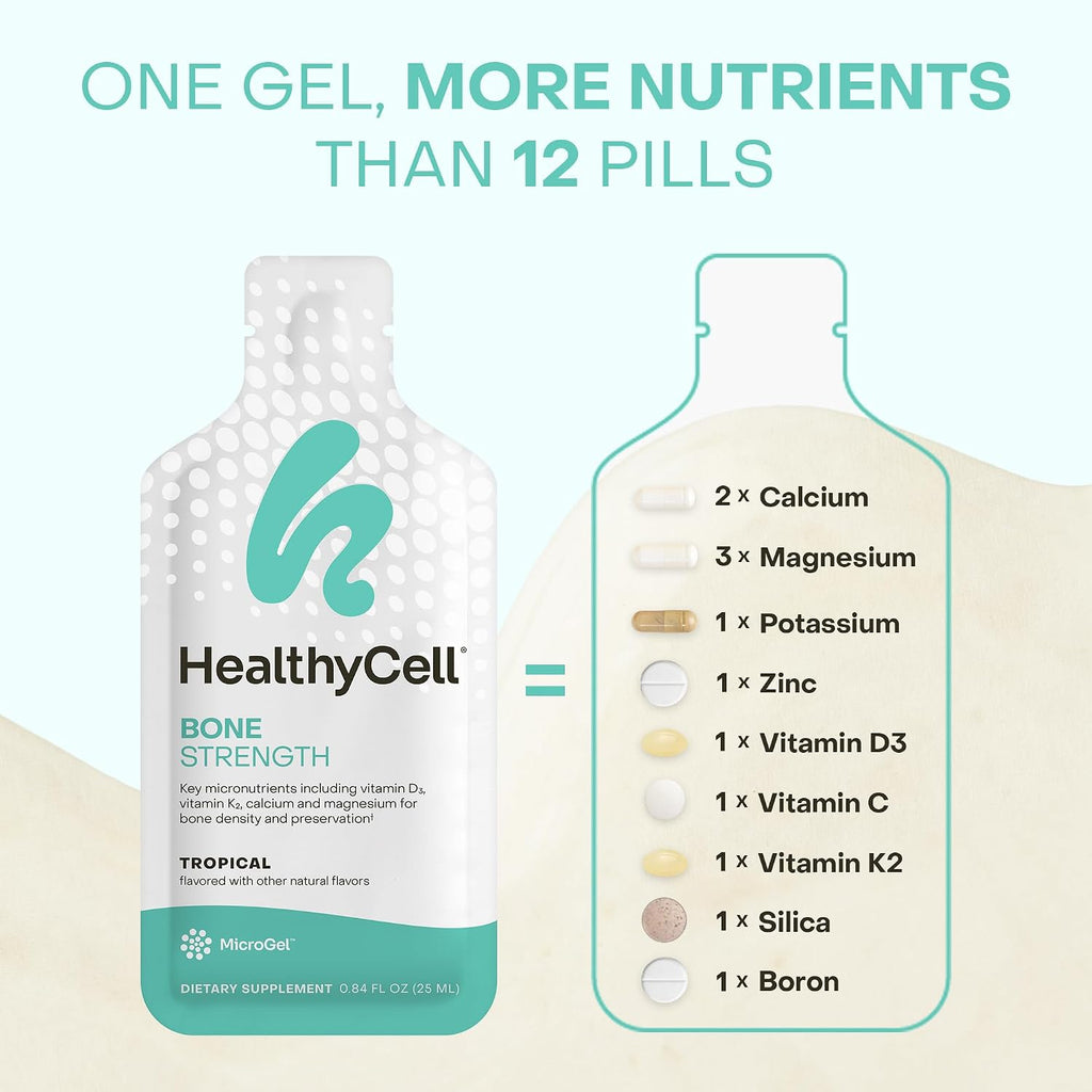 Healthycell Bone Strength Liquid Supplement - 30 Gel Packs, Tropical Flavor | Bone Health Supplement with Calcium, Magnesium, Vitamin D3 & Vitamin K2 for Bone Density & Preservation