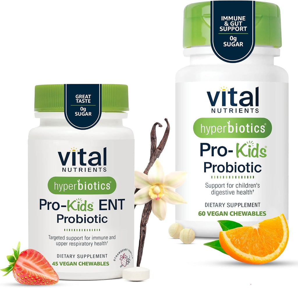 Hyperbiotics Vital Nutrients Children’s Health Bundle – ENT Formula with BLIS (45 Sugar-Free Strawberry-Vanilla Chewables) & Daily Digestive Support (60 Sugar-Free Orange Tablets) for Gut & Immune Wel