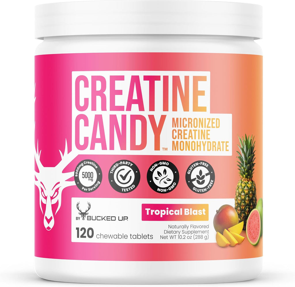 Bucked Up Creatine Candy Tropical Blast | Micronized Creatine Monohydrate | 120 Chewable Tablets, 24 Servings | Fizzy Creatine No Water Needed | Non GMO Gluten Free Third Party Tested