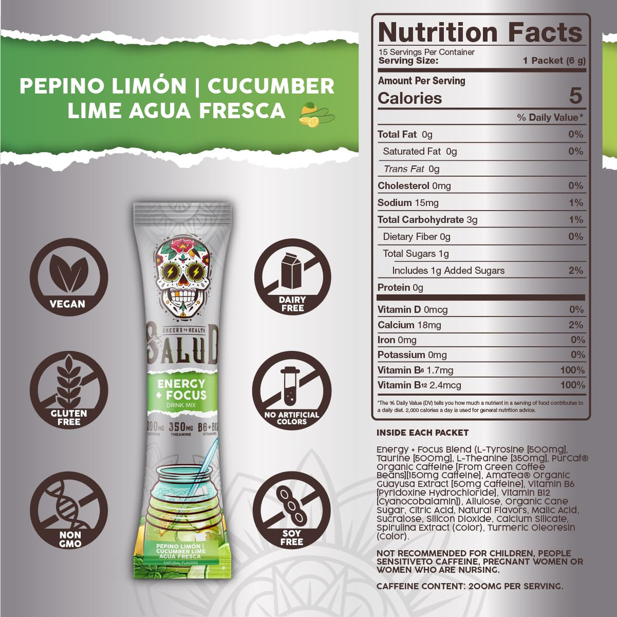 Salud 2-in-1 Energy + Focus Drink Mix, Hibiscus | Organic Caffeine, B6 + B12, Theanine, Clean Energy Packets, Agua Fresca Mix, Non-GMO, Gluten Free, 1g of Sugar (15 Servings)
