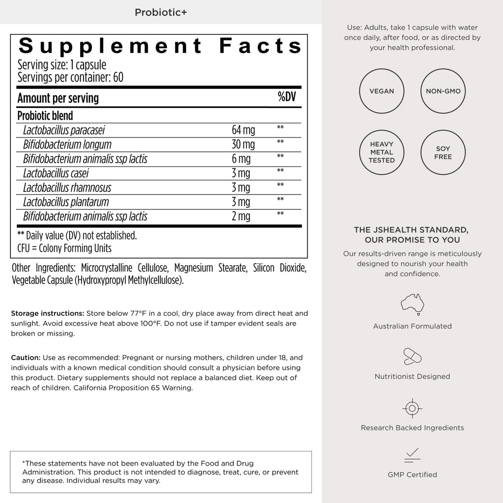 JSHealth Vitamins Gut Health and Immunity Formula, 30 Capsules | Probiotics for Women and Men, Shelf Stable Probiotic Supplement for Digestive Health and Immune Support