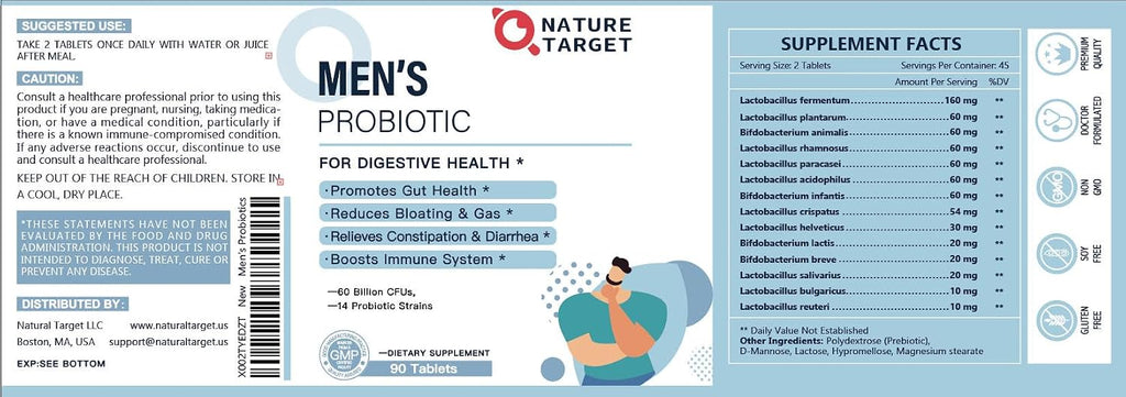 NATURE TARGET Probiotics for Men, 60 Billion CFU, 90 Veggie Tablets | 14 Strains Probiotics & Prebiotics for Men's Digestive & Immune Health, Shelf Stable, Gluten & Soy Free