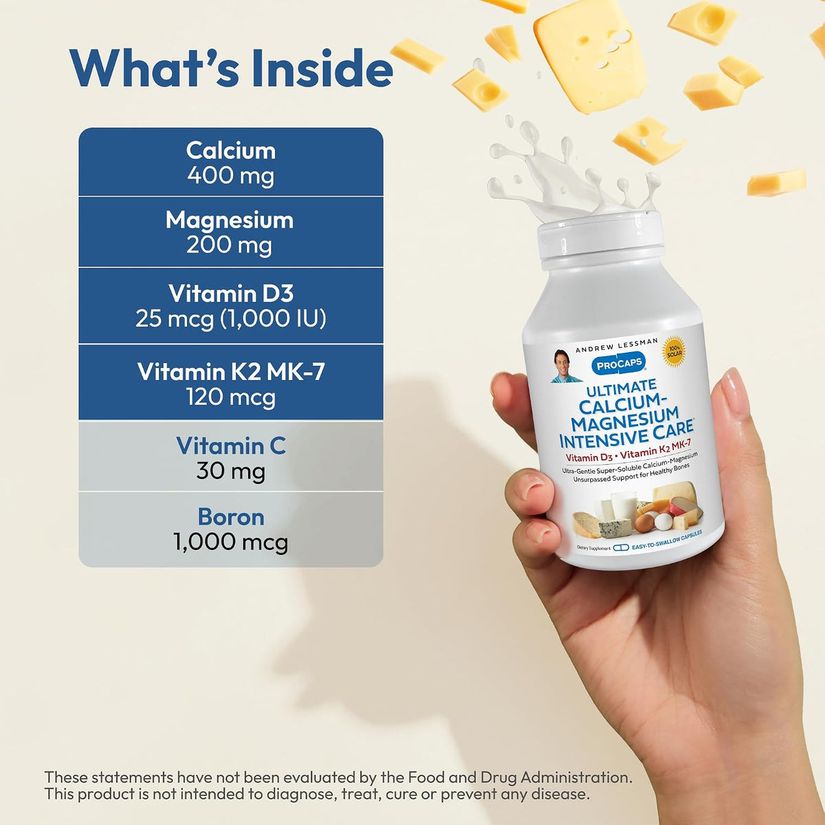 ANDREW LESSMAN Ultimate Calcium-Magnesium Intensive Care with Vitamin D3 & K2 MK7-120 mcg - 180 Capsules – Bone and Skeleton Health Essentials. Gentle, Easy to Swallow, Super Soluble. No Additives