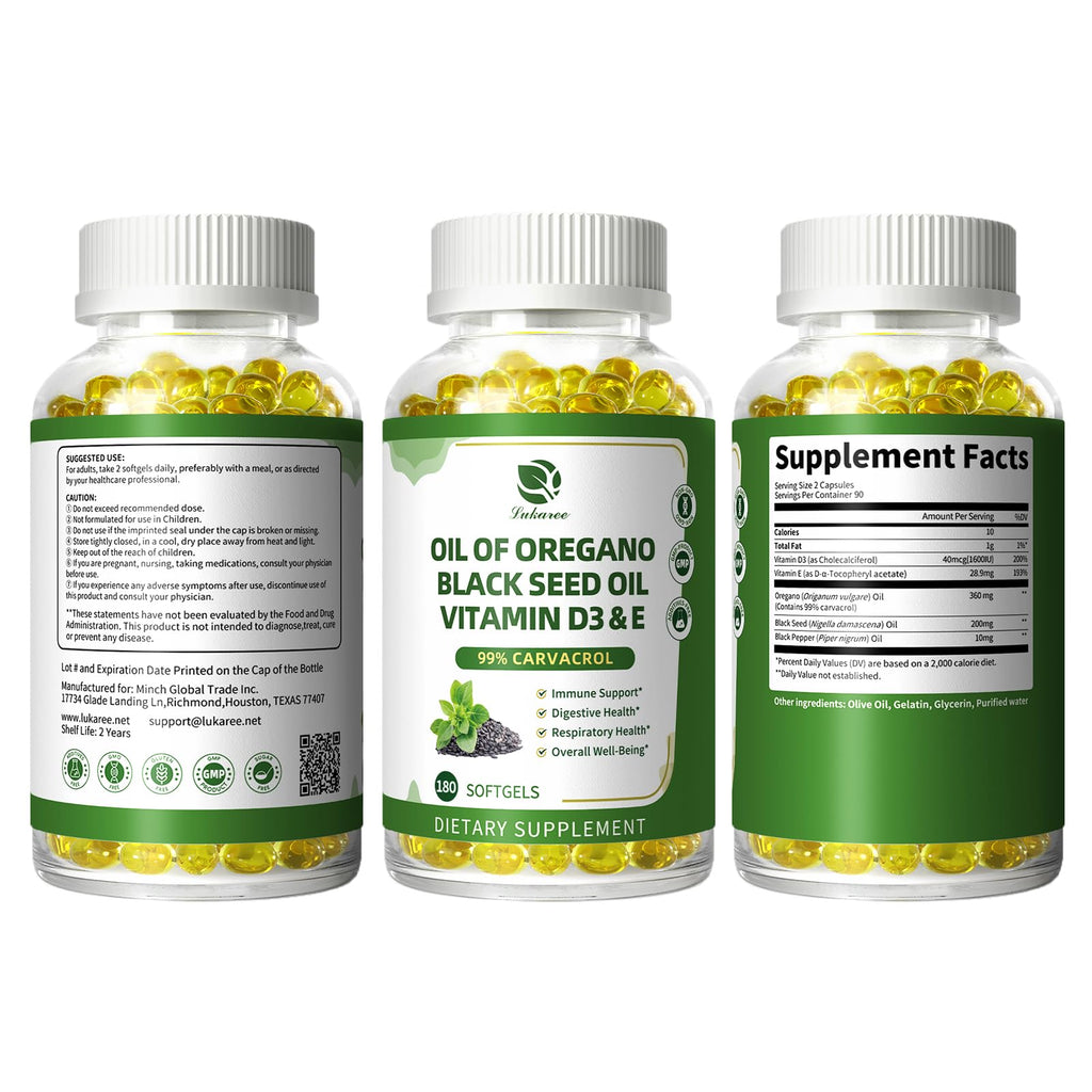 Oregano Oil Softgels with Black Seed Oil, 99% Carvacrol, 180 Ct, 3 Month | 5-in-1 with Vitamin D3 E Black Pepper, Immune, Respiratory, Digestive & Antioxidant*, Ultra-Concentrated, Easy to Swallow