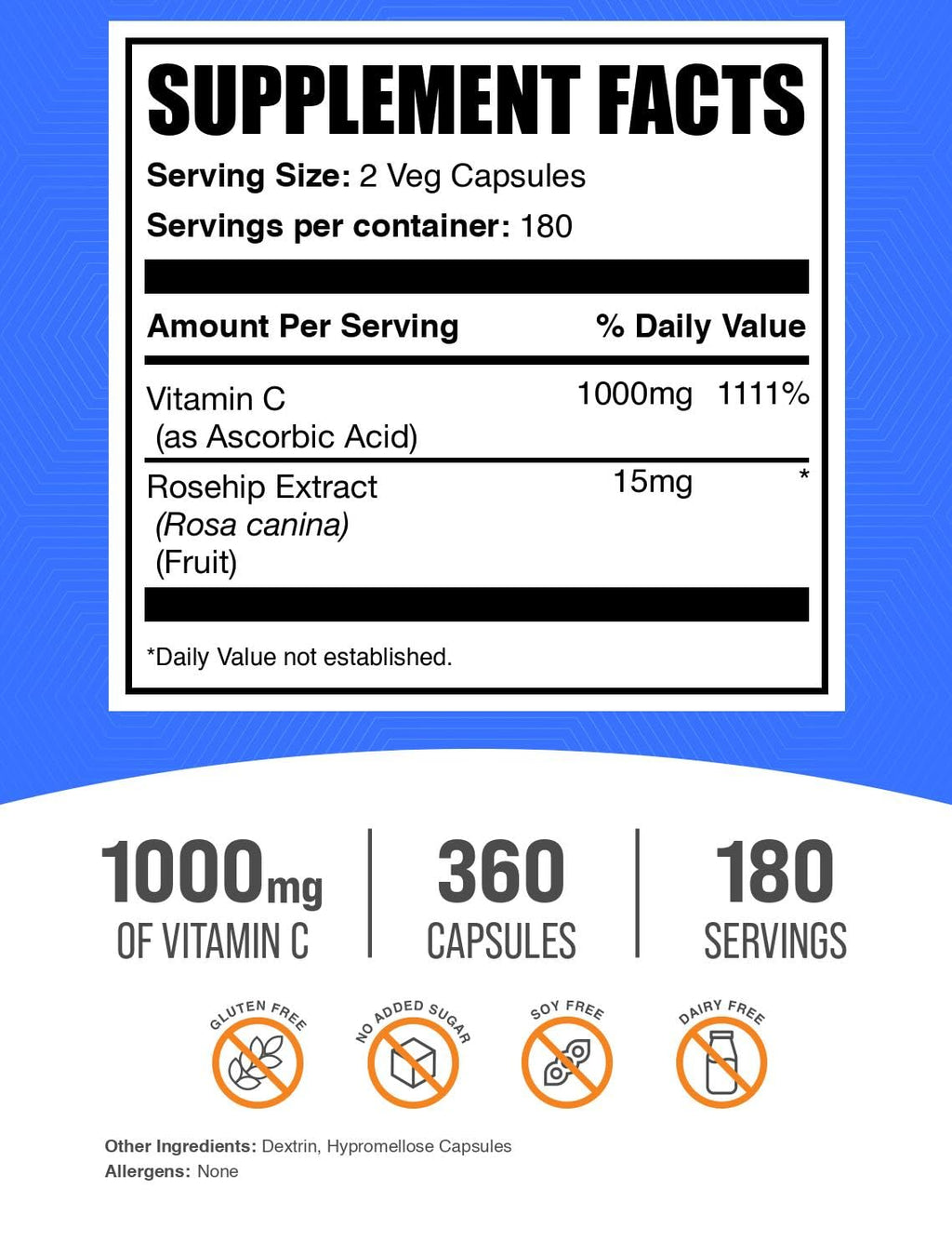 BulkSupplements.com Vitamin C with Rose Hips Capsules - Ascorbic Acid Supplemnet, Rose Hips for Immune Support - Vegan, 2 Capsules per Serving (1000mg), 360 Count (Pack of 1)
