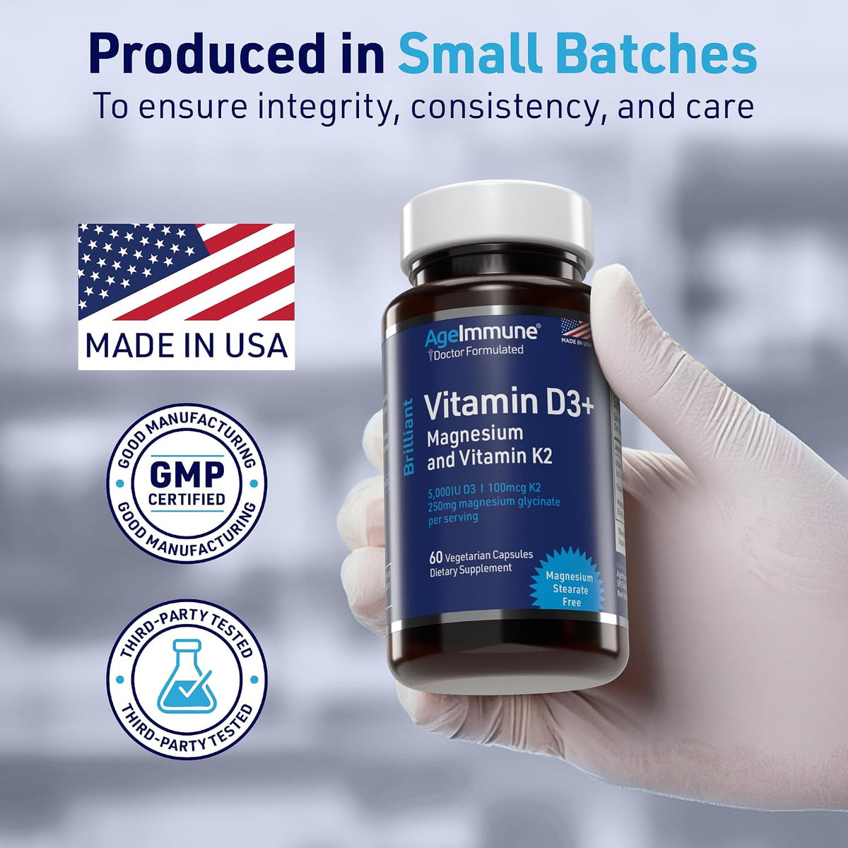 AgeImmune Brilliant D3+ Complex - 60 Capsules - 5000 IU Vitamin D3 + K2 + Magnesium Glycinate Supplement - Doctor Formulated for Immune & Bone Support - No Stearates, No Dioxides