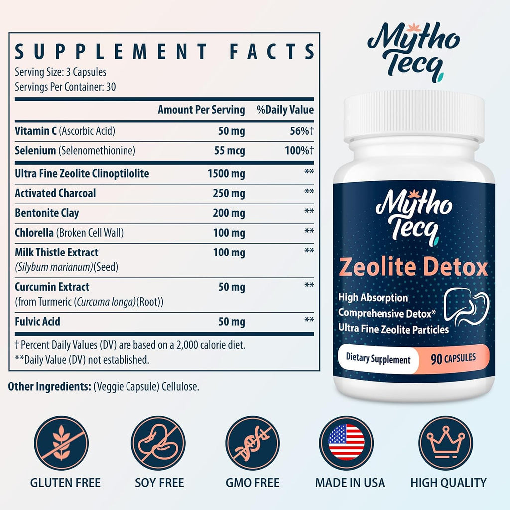 MythoTecq Zeolite Capsules with Activated Charcoal & Bentonite, 90 Count | 2300mg formula featuring zeolite clinoptilolite, activated charcoal and bentonite clay