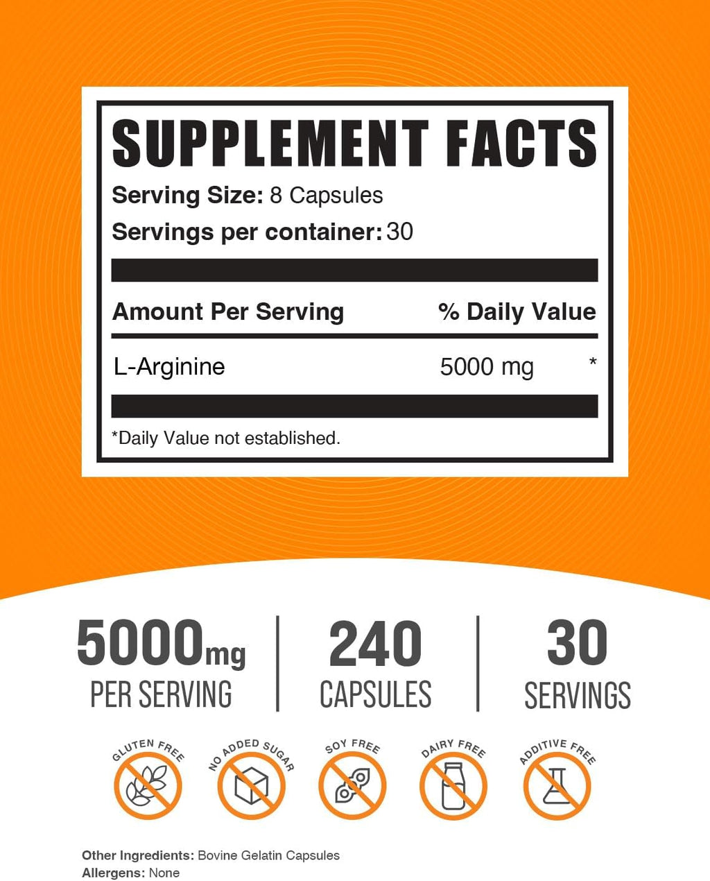 BulkSupplements.com L-Arginine Capsules - Arginine Supplement, Nitric Oxide Supplement - Gluten Free, 8 Capsules per Serving (5000mg), 240 Count (Pack of 1)